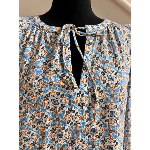 Loft Long Sleeve Blue Orange Gold Thread Tie Neckline Peasant Blouse Size M - Picture 2 of 6